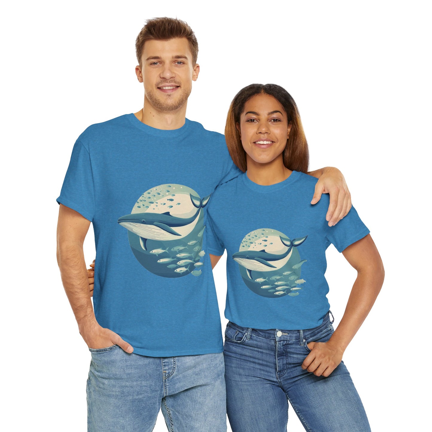 Whale and Fish Unisex Heavy Cotton Tee, Ocean Lover Shirt, Nature Tee, Sea Creature Gift, Casual Summer Top, Ocean Whale Graphic Tee