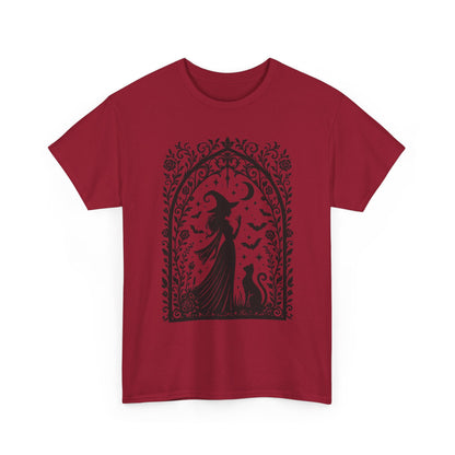 Gothic Witch & Cat Women's T-Shirt, Elegant Halloween Moon Silhouette Witchy Graphic Tee