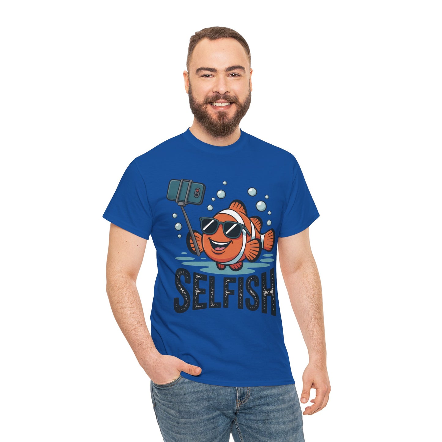 Unisex Heavy Cotton Tee, Mens Selfish Funny Fish T-Shirt, Cute Selfie Graphic Tee, Ocean Humor Shirt