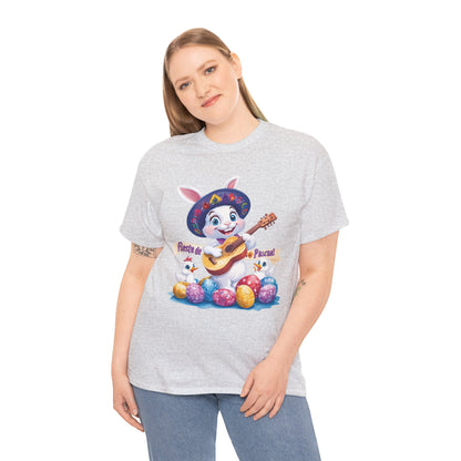 Fiesta de Pascua Bunny Shirt, Funny Easter Rabbit Playing Guitar Tee, Colorful Unisex Heavy Cotton T-Shirt, Cute Holiday Celebration Gift
