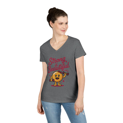 Ladies' V-Neck T-Shirt, Strong is Beautiful Womens Tee, Cute Fitness Character Tee, Inspirational Workout Shirt, Gym Motivation Gift for Her