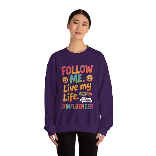 Womens Heavy Blend™ Crewneck Sweatshirt, Influencer Sweatshirt, Colorful Follow Me Live My Life Graphic Sweatshirt, Trendy GirlBoss Outfit