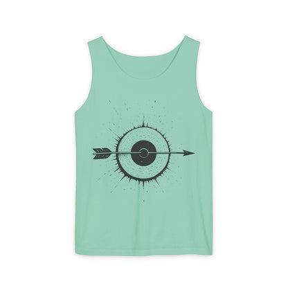 Mens Garment-Dyed Tank Top with Target Arrow Design, Casual Wear, Summer Essentials, Gym Wear, Gifts for Archery Lovers