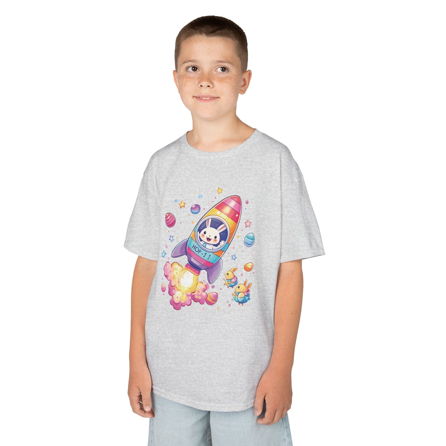 Easter Astronaut Bunny Kids T-Shirt - Cute Space Rocket Bunny with Colorful Eggs, Fun Spring Tee for Boys and Girls, Holiday Gift Idea