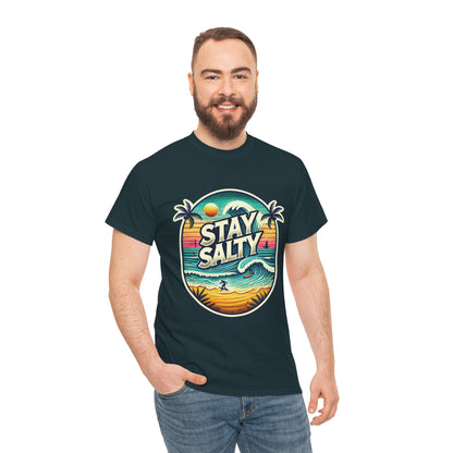 Stay Salty Retro Surf Unisex Heavy Cotton Tee, Vintage Beach Sunset Graphic T-Shirt, Summer Ocean Wave Surfer Shirt, Ocean Lover Gift