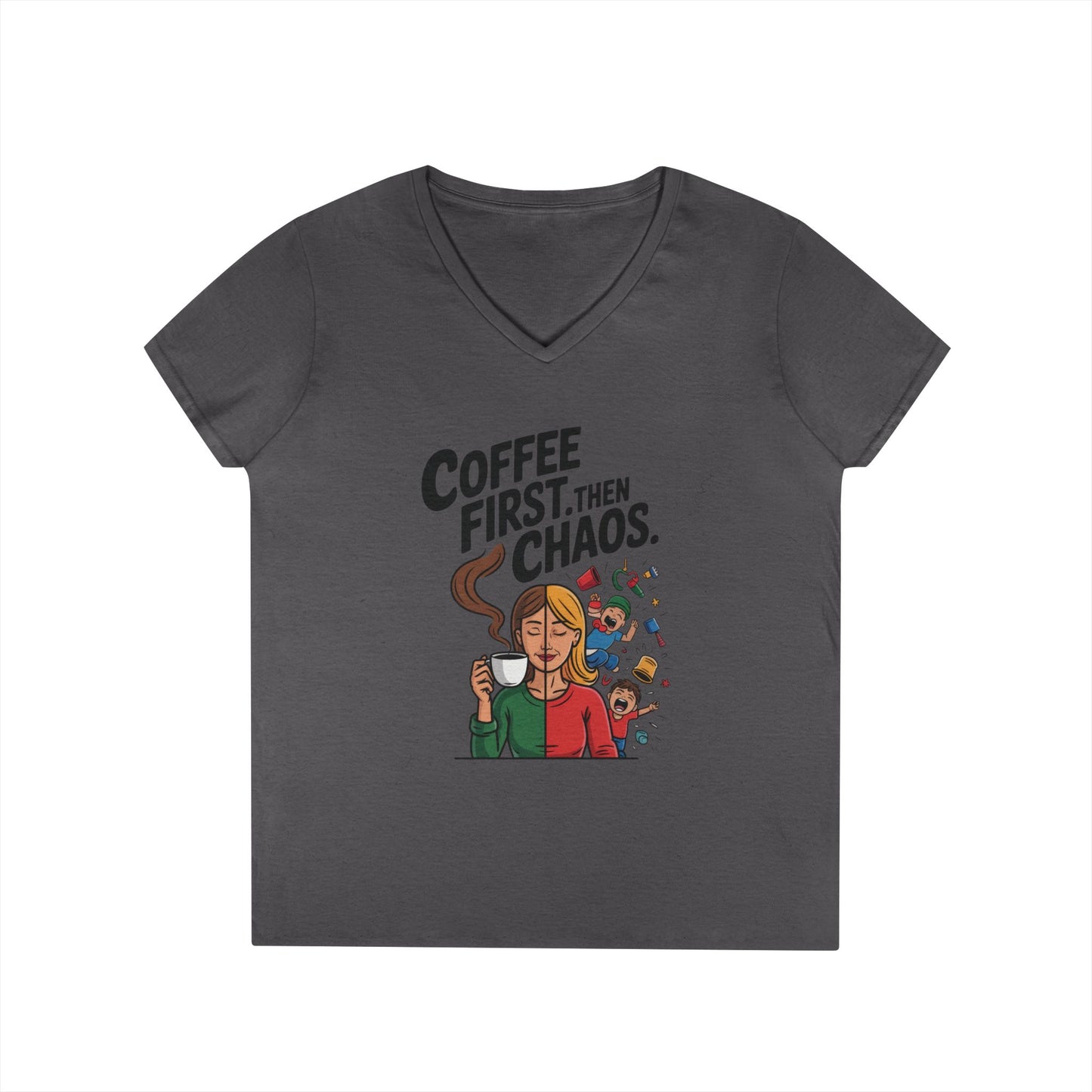 Coffee First Then Chaos V-Neck T-Shirt, Funny Mom Life Shirt, Mother's Day Gift, Mom Humor Tee, mom graphic tee, caffeine lover tee