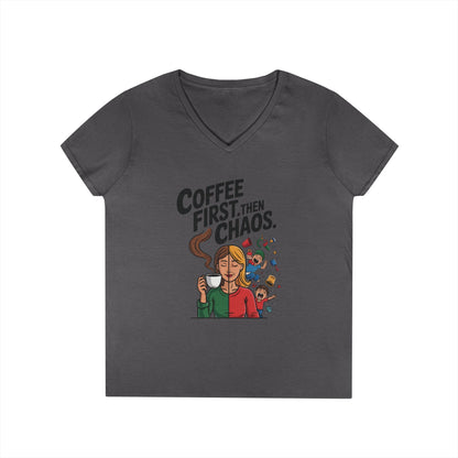 Coffee First Then Chaos V-Neck T-Shirt, Funny Mom Life Shirt, Mother's Day Gift, Mom Humor Tee, mom graphic tee, caffeine lover tee