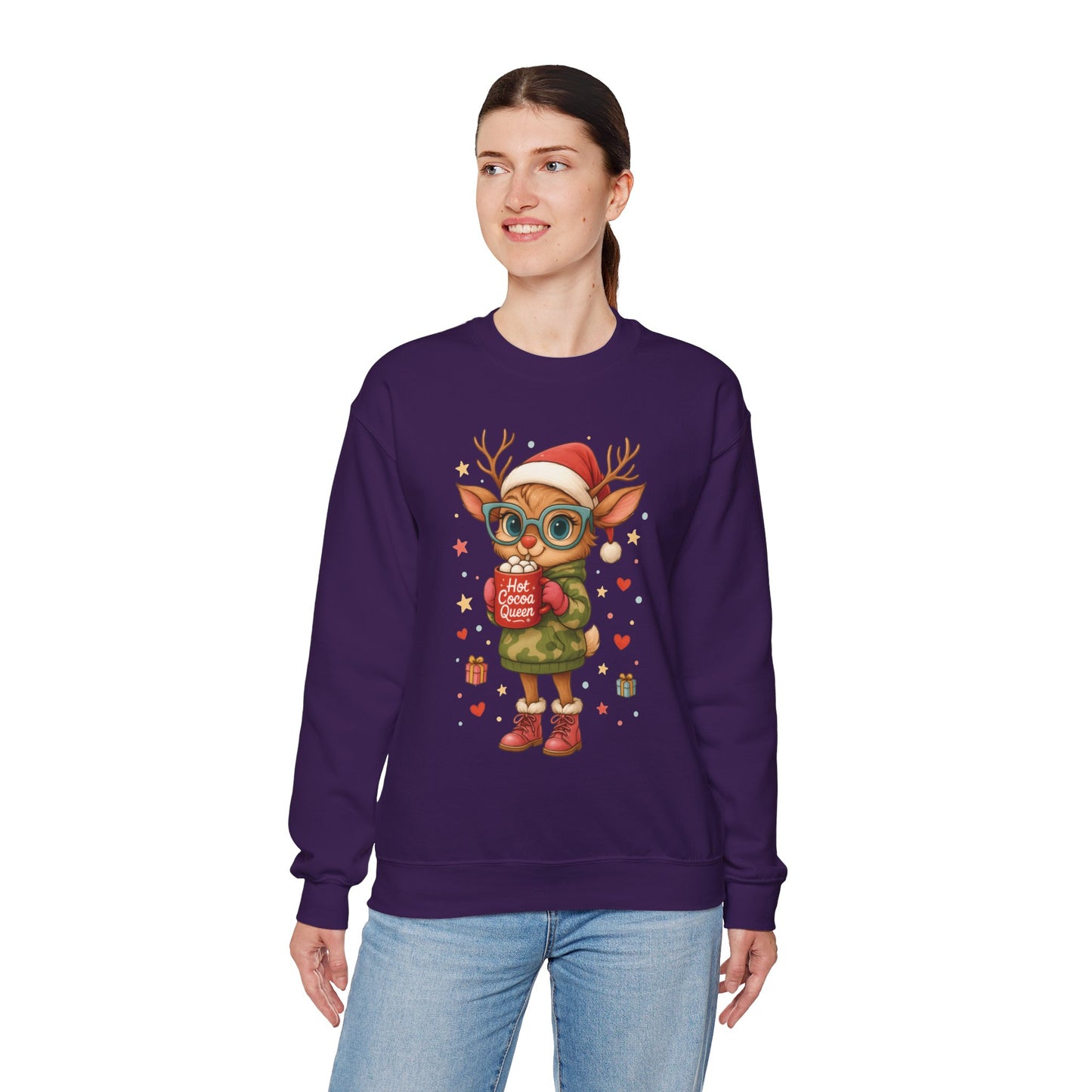 Hot Cocoa Queen Christmas Sweatshirt, Cute Cozy Holiday Reindeer Pullover