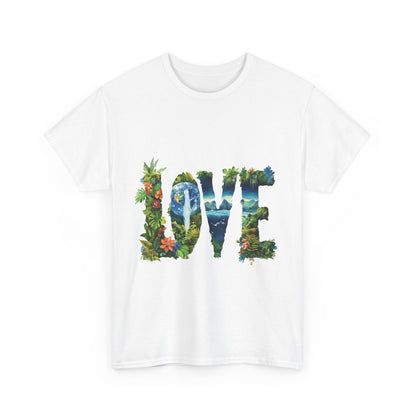 LOVE Nature Art Womens Heavy Cotton Tee, Earth Day Jungle Forest Graphic T-Shirt, Eco Friendly Gift Shirt, Nature-Inspired Love Tee
