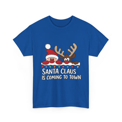 Santa Claus Is Coming to Town Women's Christmas T-Shirt, Cute Santa - Reindeer Holiday Tee