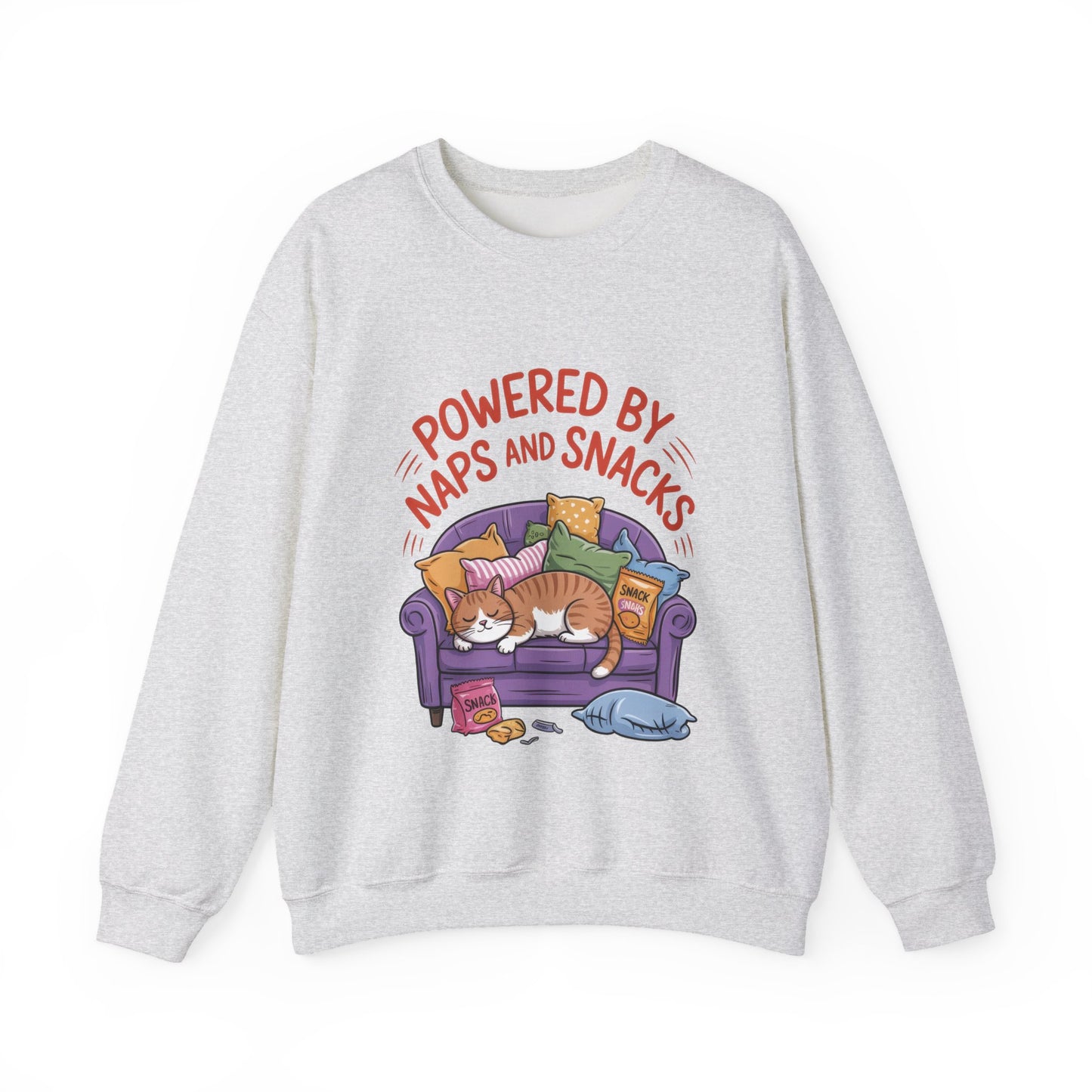 Powered by Naps and Snacks Sweatshirt, Cozy Lounge Crewneck, Gifts for Cat Lovers, Funny Cat Sweatshirt, Casual Everyday Wear