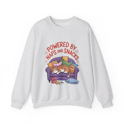 Powered by Naps and Snacks Sweatshirt, Cozy Lounge Crewneck, Gifts for Cat Lovers, Funny Cat Sweatshirt, Casual Everyday Wear