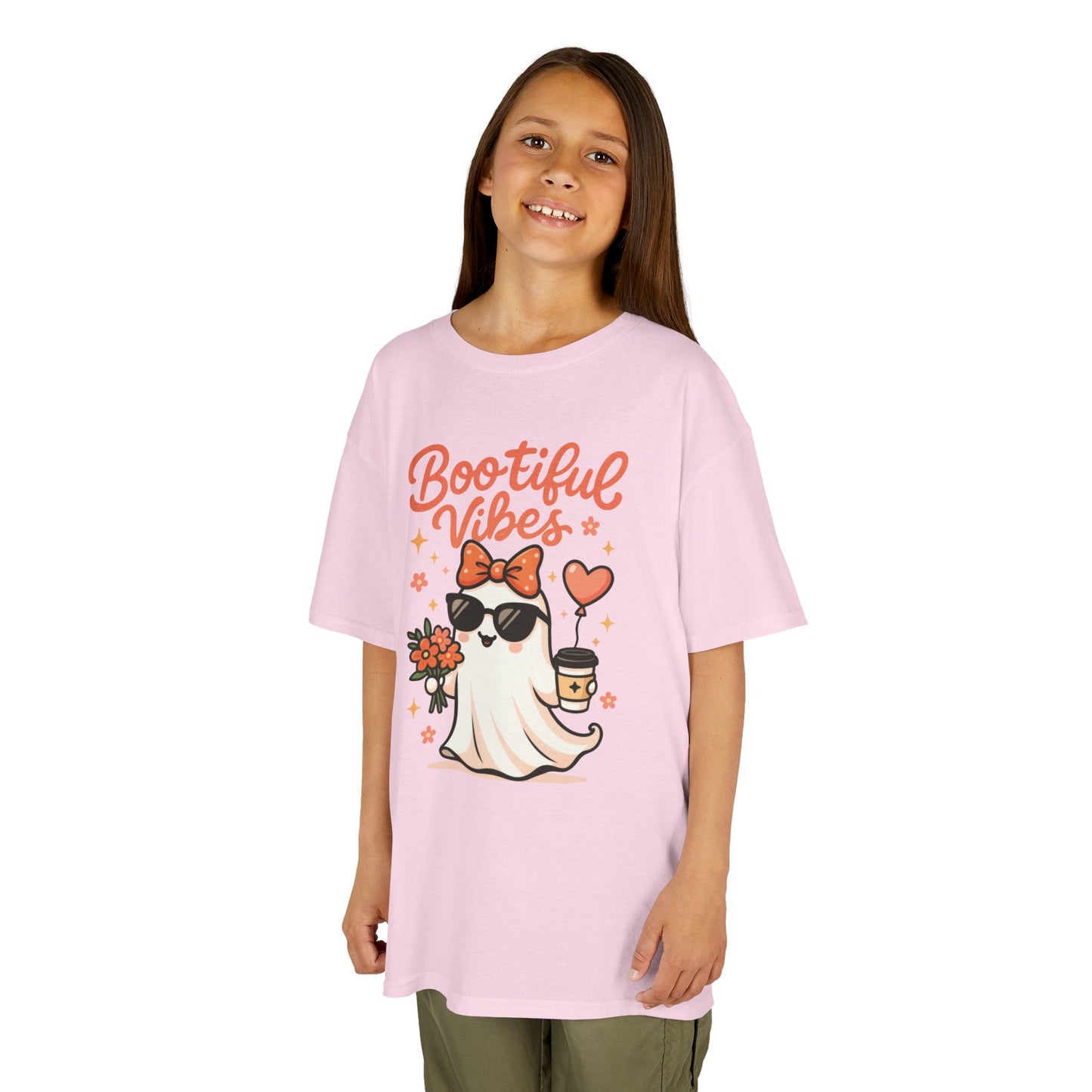 Girls Halloween Ghost T-Shirt, Cute Bootiful Vibes Tee for Kids, Fun Spooky Season Shirt, Tween Girl Outfit Gift, Kids Heavy Cotton™ Tee