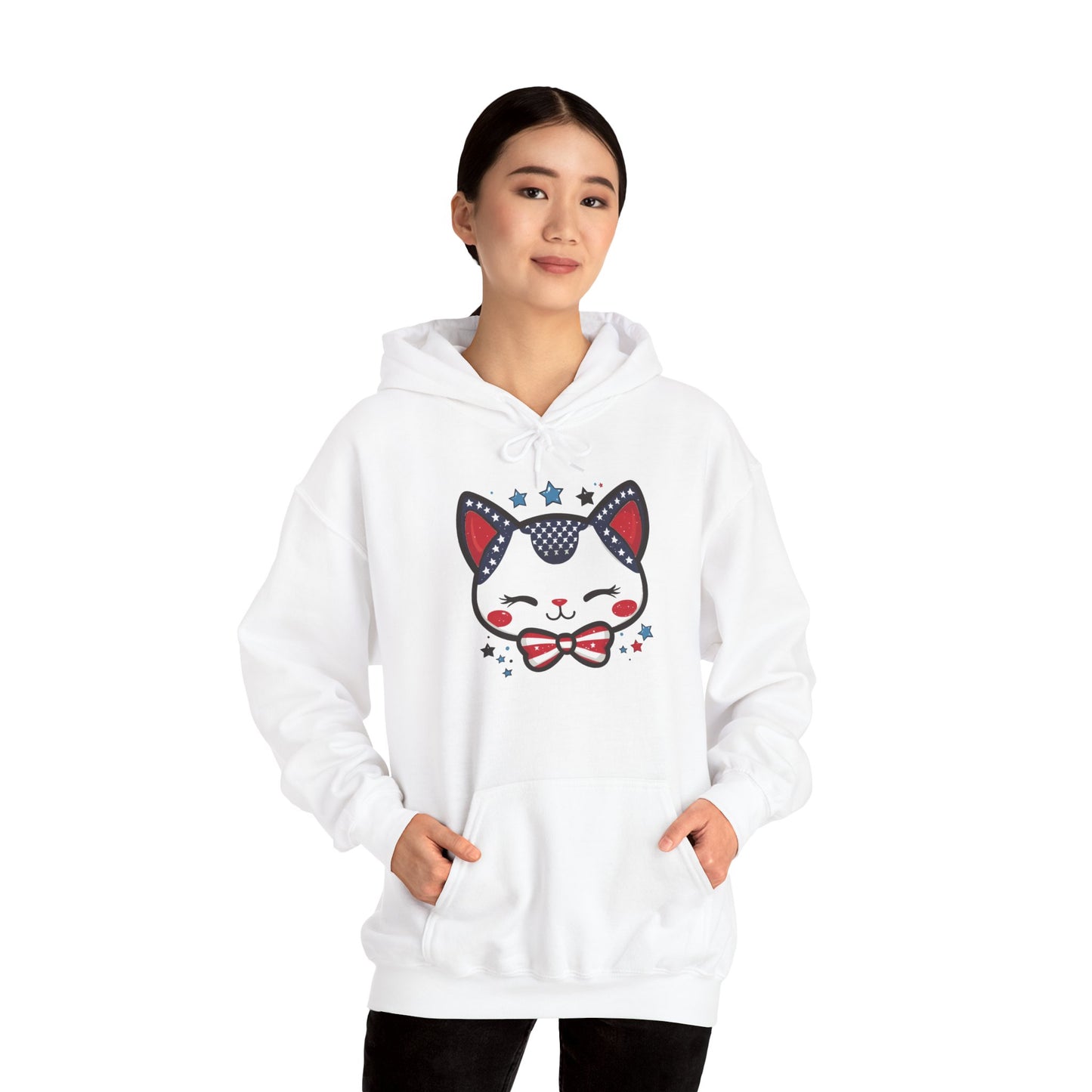 Cute Patriotic Cat -Themed Women's Hoodie, for Cat Lovers, Cute Gift for Pet Owners, Cozy Sweatshirt for All Seasons, Fourth of July Hoodie