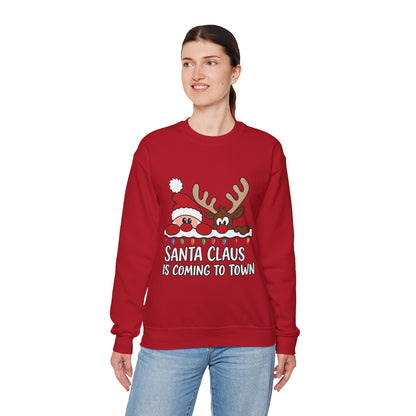 Santa Claus Is Coming to Town Women's Christmas Sweatshirt, Cute Santa - Reindeer Holiday Jumper