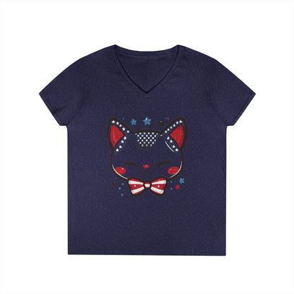Cute Patriotic  V-Neck T-Shirt, Women's Graphic Tee, Perfect for Cat Lovers, Perfect for Holidays and Fourth of July Celebrations