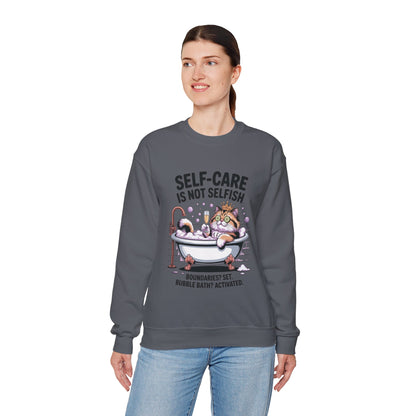 Womens Crewneck Sweatshirt, Self-Care Cat Shirt, Funny Cat Tee, Relaxing Kitty Graphic, Self Care Is Not Selfish Womens Sweatshirt