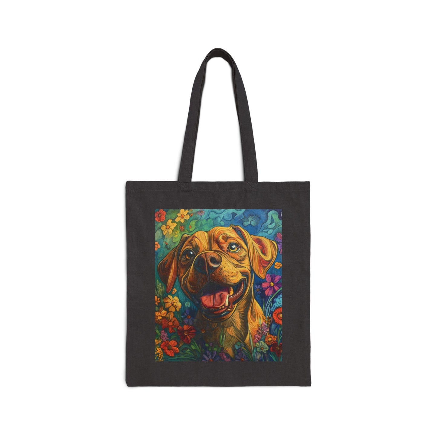 Colorful Dog Art Cotton Canvas Tote Bag, Eco-Friendly Shopping Bag, Pet Lover Gift, Flower Design, Reusable Grocery Tote, Animal Lover