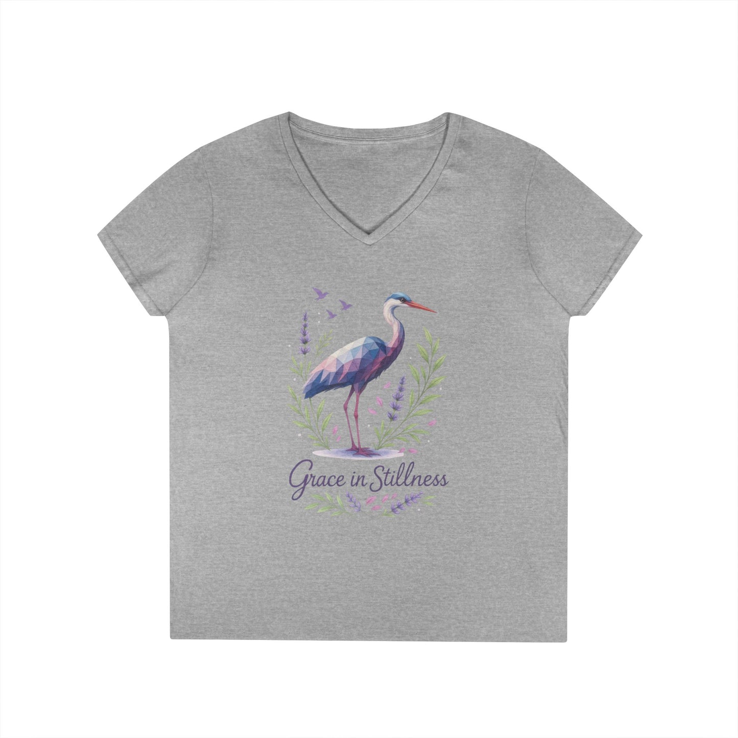 Ladies' V-Neck T-Shirt with Heron Design - Grace in Stillness, Relaxed Fit, Nature-Inspired Gift, Travel Tee, Summer Fashion