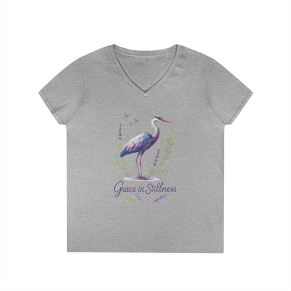 Ladies' V-Neck T-Shirt with Heron Design - Grace in Stillness, Relaxed Fit, Nature-Inspired Gift, Travel Tee, Summer Fashion