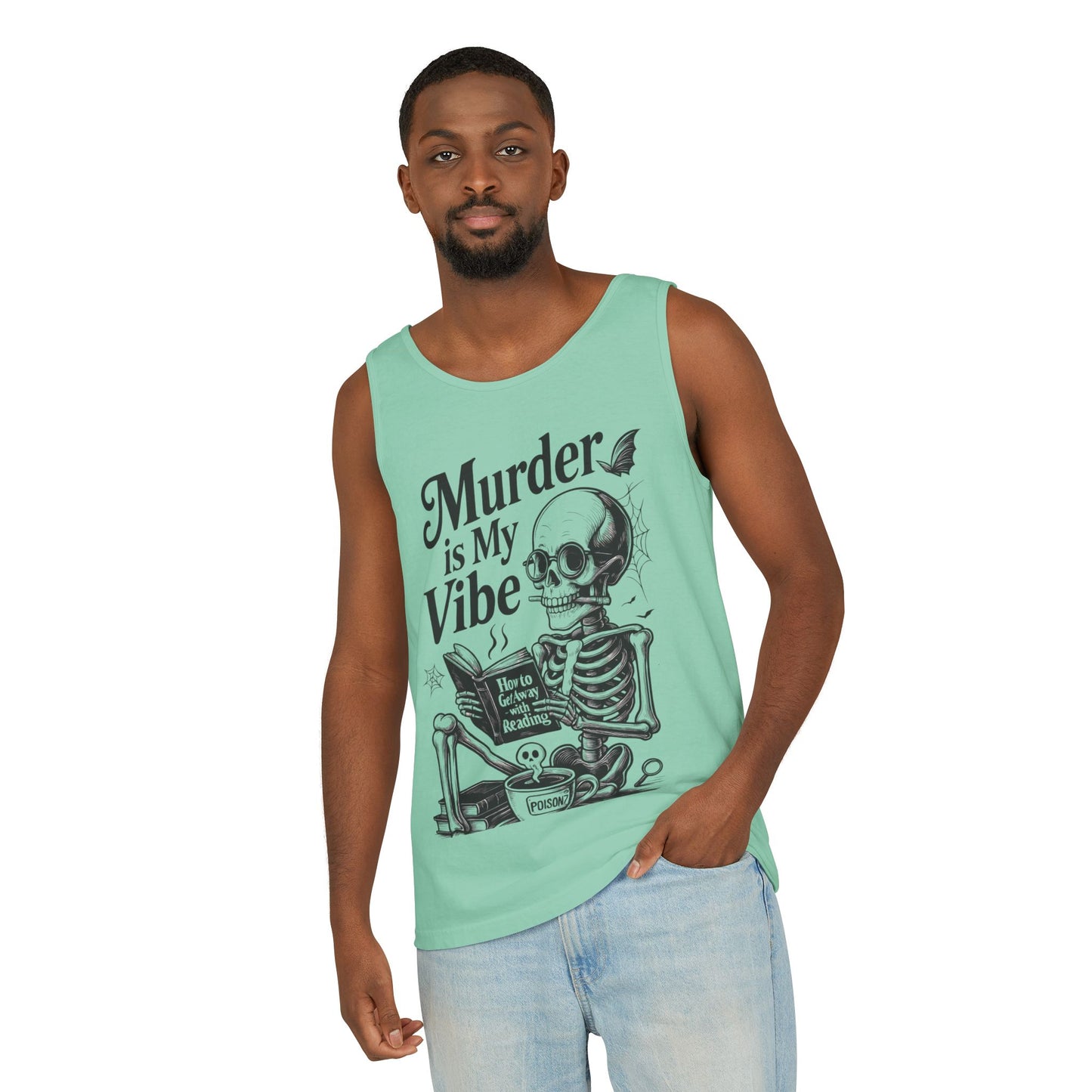 Murder Is My Vibe Tank Top, Mens Goth Tank, Halloween Clothing, Skeleton Graphic Tee, Cozy Casual Wear, Quirky Gift Idea