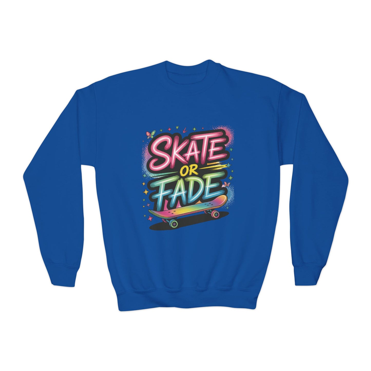 Youth Crewneck Sweatshirt, Skate Or Fade Girls Sweatshirt, Colorful Graffiti Skateboarding Crewneck Sweatshirt, Youth Streetwear Gift