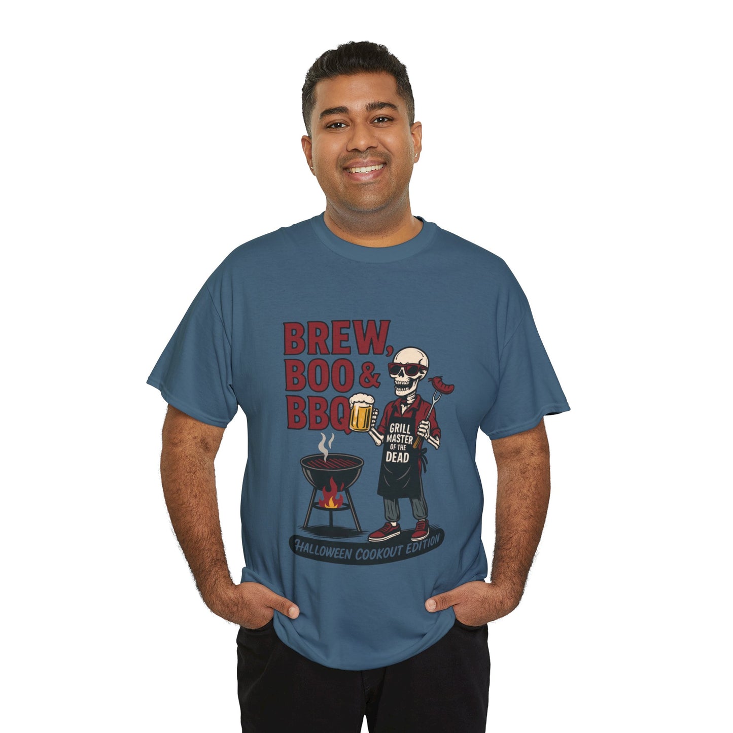 Halloween BBQ Men's T-Shirt, Brew Boo & BBQ Skeleton Grill Master Tee, Funny Dad Gift, Grill Master Tee, Grill Dad Halloween