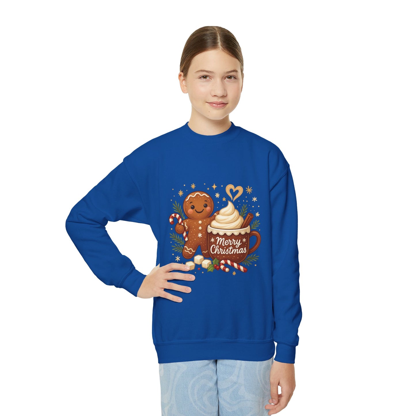 Gingerbread - Hot Cocoa Christmas Sweatshirt for Girls, Cozy Holiday Jumper, Youth Crewneck Sweatshirt