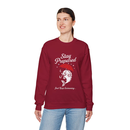 Funny Fish Womens Crewneck Sweatshirt - Stay Prepared Just Keep Swimming Nautical Pullover - Cozy Positive Gift, Fishing Humor