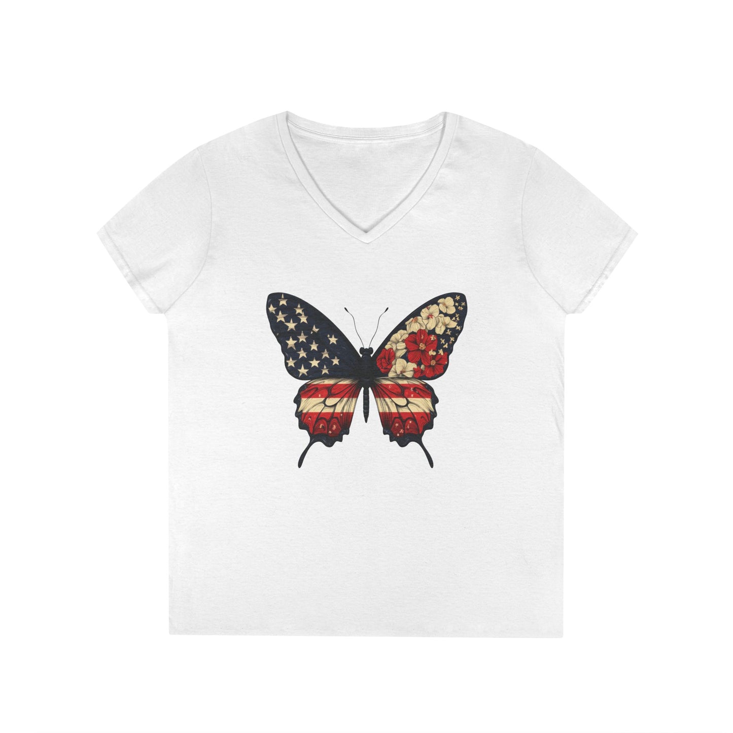 Patriotic Butterfly V-Neck T-Shirt, Summer Style, Gifts for Her, Independence Day, Casual Wear, Nature Lovers