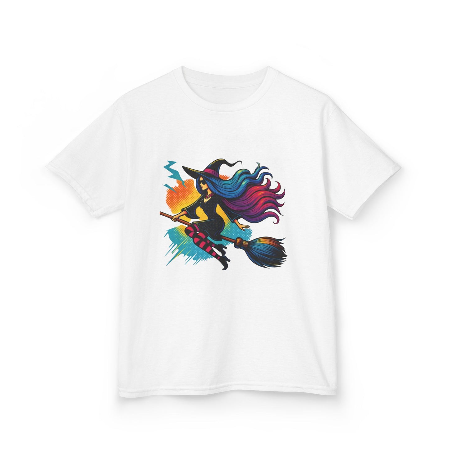 Girls Witch T-Shirt, Colorful Halloween Witch Graphic Tee for Kids, Fun Spooky Broomstick Shirt, Gift for Girls