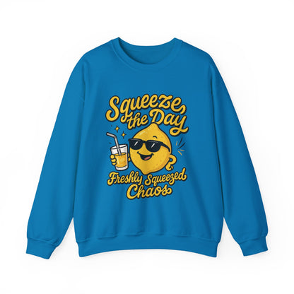 Funny Lemon Womens Sweatshirt - Squeeze The Day Freshly Squeezed Chaos Cozy Pullover - Citrus Positive Crewneck Sweatshirt, Cheerful Fashion