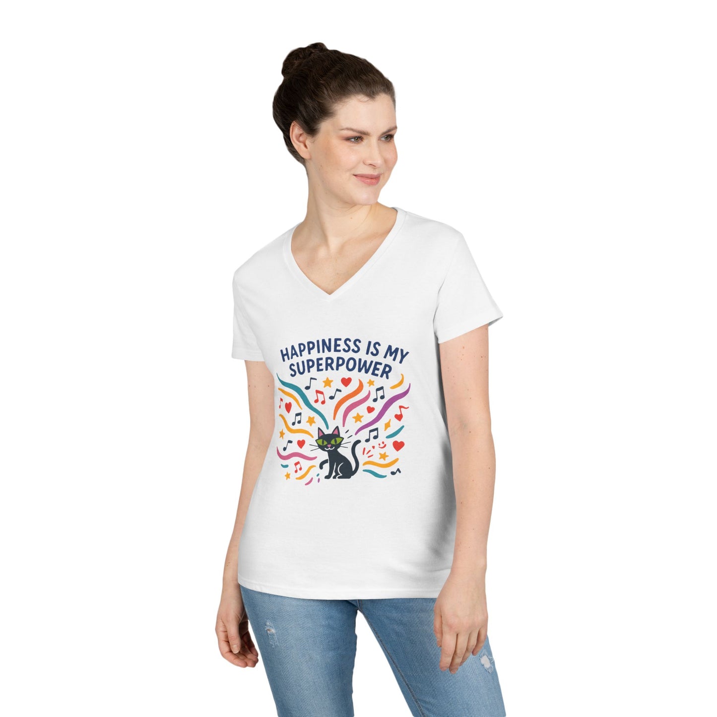 Happiness Is My Superpower V-Neck T-Shirt, Cat Lover Tee, Gift for Her, Cute Graphic Shirt, Music Enthusiast Apparel, Funny Cat Shirt