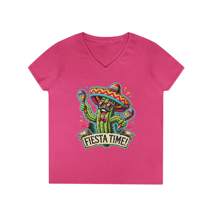 Fiesta Time Cactus Ladies' V-Neck T-Shirt, Funny Sombrero Mexican Party Tee, Cinco de Mayo Gift Idea, Fun Summer Tee, Party Wear