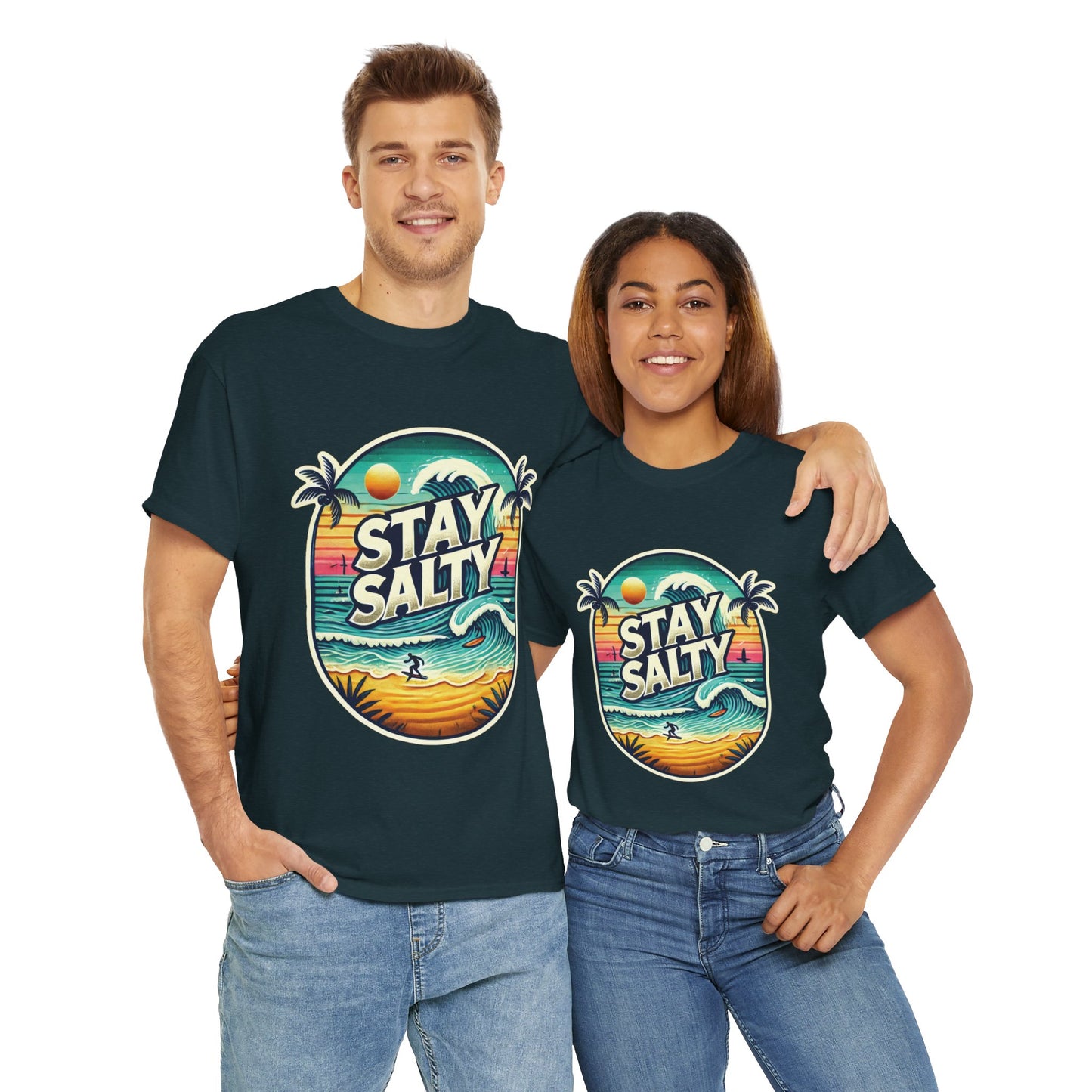 Stay Salty Retro Surf Unisex Heavy Cotton Tee, Vintage Beach Sunset Graphic T-Shirt, Summer Ocean Wave Surfer Shirt, Ocean Lover Gift