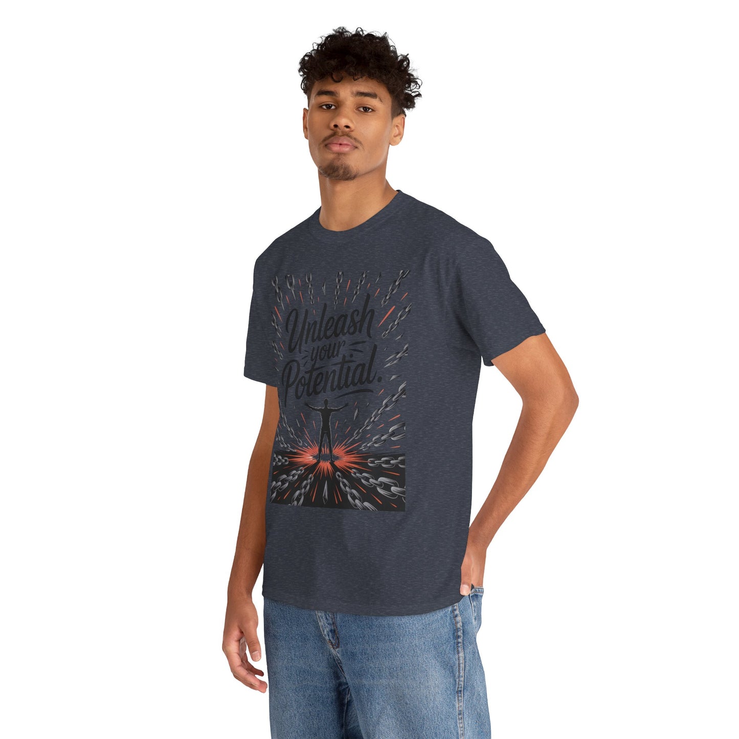 Inspiring Men's Heavy Cotton Tee, "Unleash Your Potential" Motivation Shirt, Gift for Graduates, Personal Growth Apparel, Casual Wear