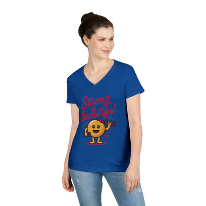 Ladies' V-Neck T-Shirt, Strong is Beautiful Womens Tee, Cute Fitness Character Tee, Inspirational Workout Shirt, Gym Motivation Gift for Her