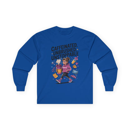 Caffeinated Mom Long Sleeve, Mother's Day Gift,New Mother Tired Mother Gift, Coffee Lover Gift, Coffee Addict Mom Long Sleeve Tee