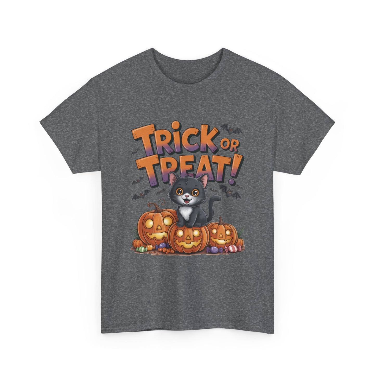 Cute Black Cat Trick or Treat Halloween T-Shirt for Women, Funny Pumpkin Cat Tee, Spooky Fall Shirt, Matching Family Halloween Shirts