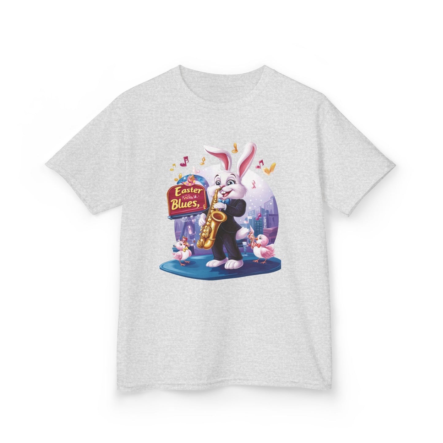 Easter Blues Bunny Kids T-Shirt - Cute Jazz Music Themed Tee for Boys and Girls, Fun Spring Gift, Bunny Playing Saxophone Design