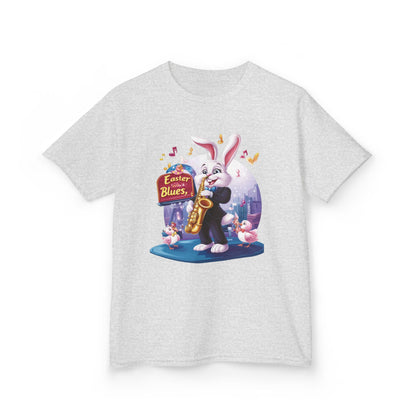 Easter Blues Bunny Kids T-Shirt - Cute Jazz Music Themed Tee for Boys and Girls, Fun Spring Gift, Bunny Playing Saxophone Design