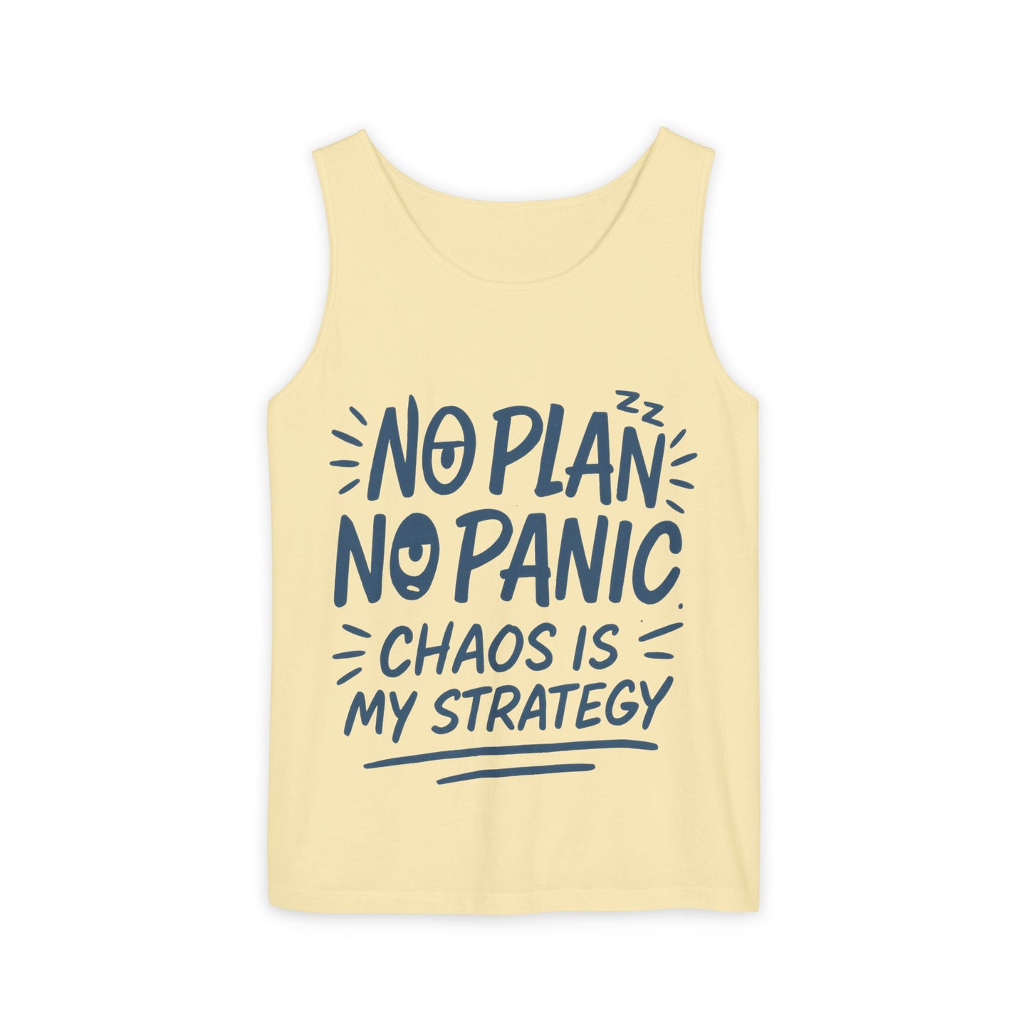Funny Chaos Quote Mens Tank Top, No Plan No Panic Humor Shirt, Casual Graphic Tee Gift for Him, Relaxed Fit, Workout Gym Humor Shirt