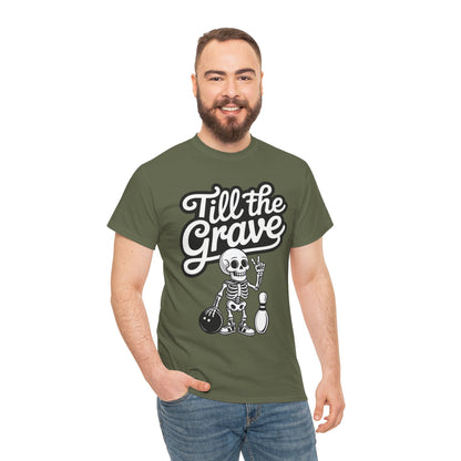 Skeleton Bowling Graphic Tee, Mens Heavy Cotton Tee, Funny Halloween Shirt, Gift for Bowlers, Retro Style Apparel, Casual Wear