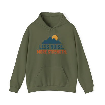 Men’s Less Noise More Strength Hoodie, Motivational Mountain Graphic Pullover, Mens Heavy Blend™ Hooded Sweatshirt