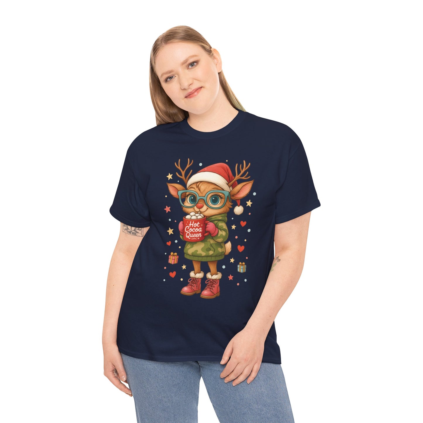 Hot Cocoa Queen Christmas T-Shirt, Cute Holiday Reindeer Tee for Women