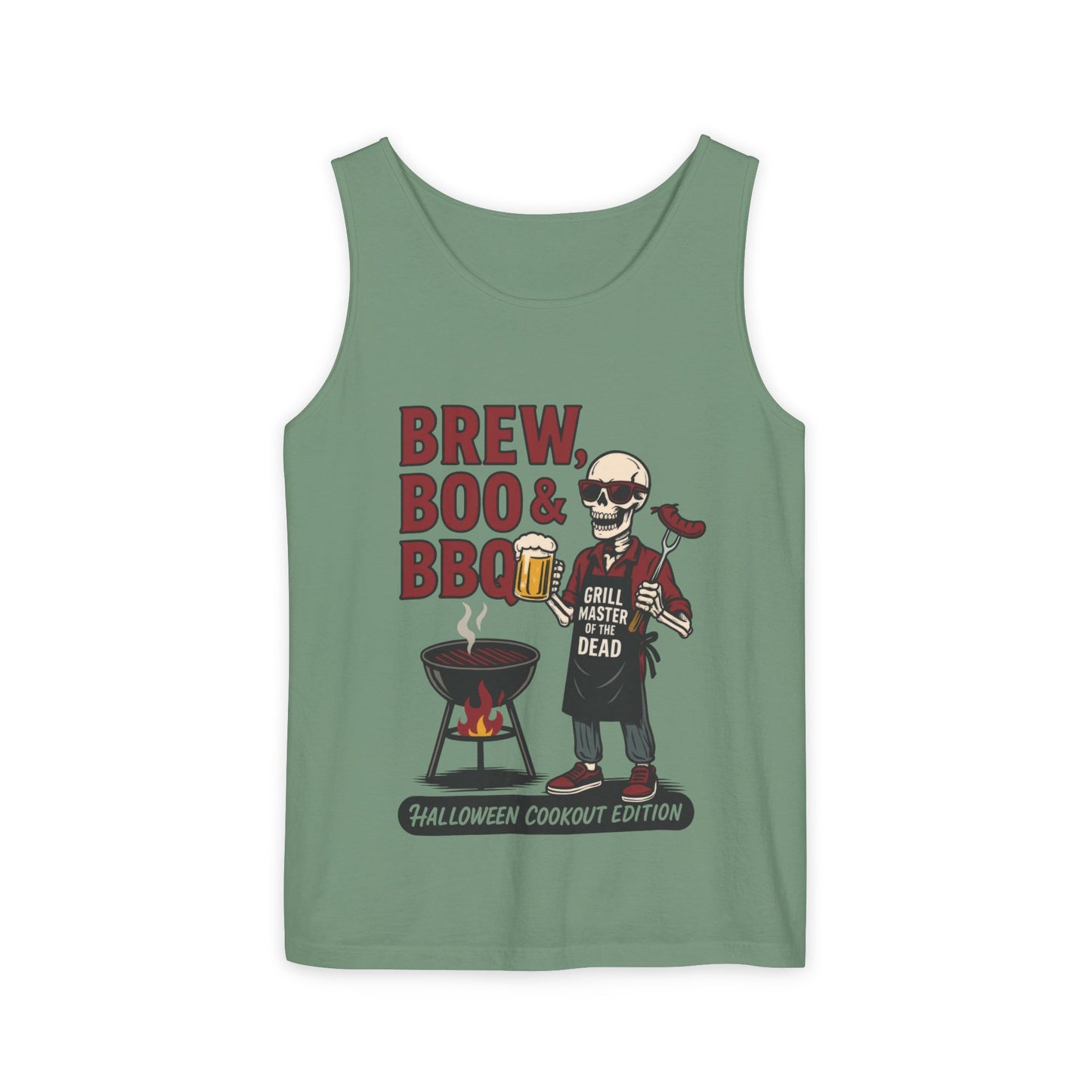 Halloween BBQ Men's Tank Top, Brew Boo & BBQ Skeleton Grill Master, Funny Dad Gift, Grill Master Top, Funny Skeleton Top