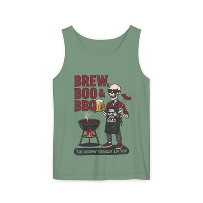 Halloween BBQ Men's Tank Top, Brew Boo & BBQ Skeleton Grill Master, Funny Dad Gift, Grill Master Top, Funny Skeleton Top