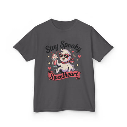 Girls Halloween Ghost T-Shirt, Stay Spooky Sweetheart Tee for Kids, Cute Retro Style Tween Girl Outfit Gift, Kids Heavy Cotton™ Tee