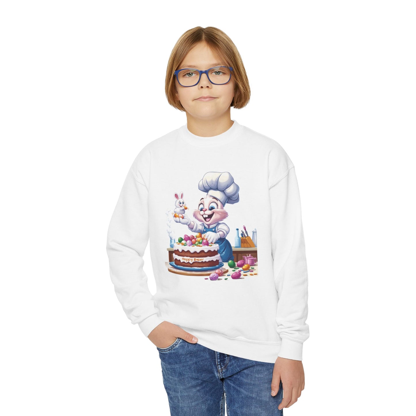 Hoppy Baker Easter Bunny Youth Sweatshirt - Cute Spring Crewneck for Kids with Chef Bunny and Cake, Fun Holiday Gift for Easter Lovers