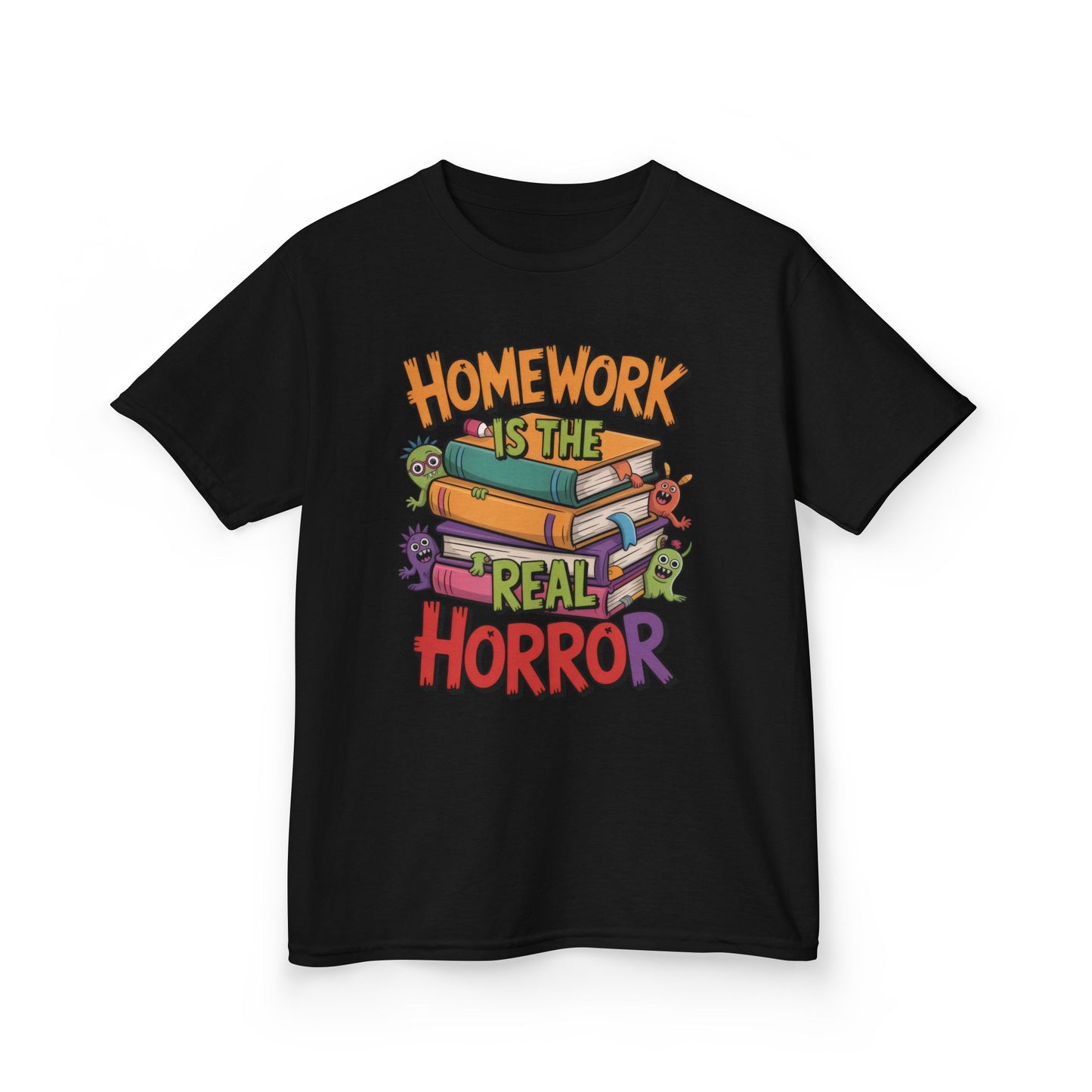 Kids Funny Homework Tee, Cute Monster School Shirt, Homework Is the Real Horror, Back to School Gift for Boys & Girls, Kids Halloween Tee